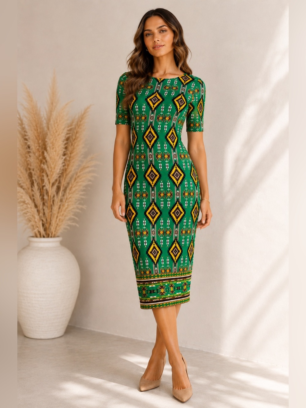 Alice + Olivia Green Geometric Print Midi Dress 3/4 Sleeve Lined
